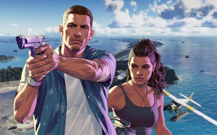Promotional art for Grand Theft Auto VI, set in modern-day Vice City